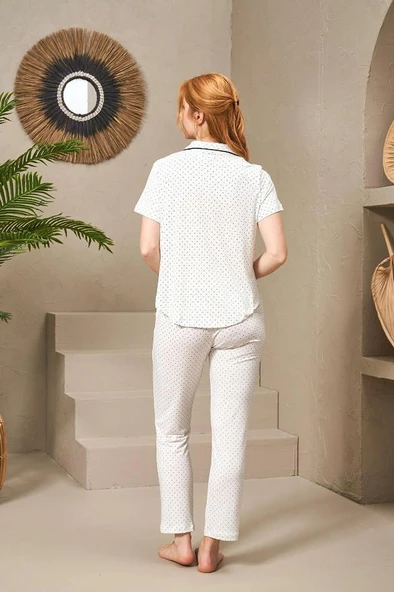 Pjs 25118 Kadın Puanlı Düğmeli Kısa Kollu Pijama Takım - 5