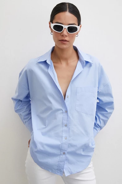 Tek Cepli Oversize Gömlek Mavi - Resim 5
