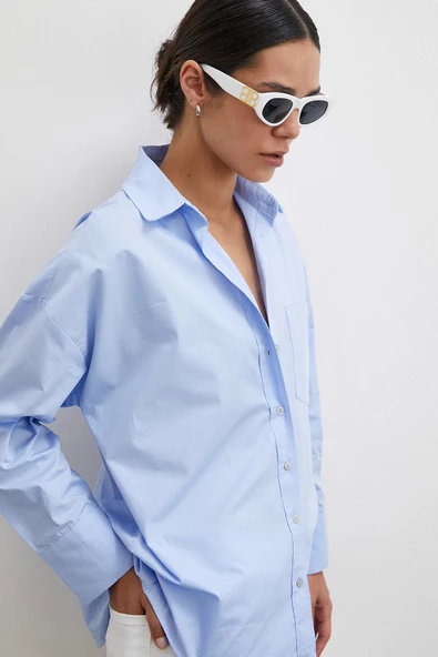 Tek Cepli Oversize Gömlek Mavi - Resim 6