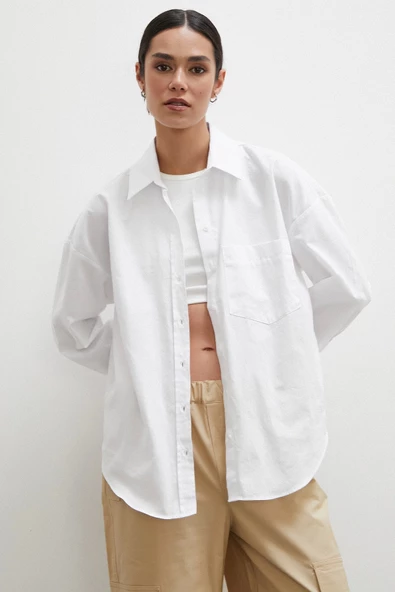 Regular Fit Poplin Gömlek Beyaz - Resim 3