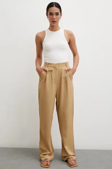 Kemer Detaylı Klasik Pantolon Bej - Resim 3