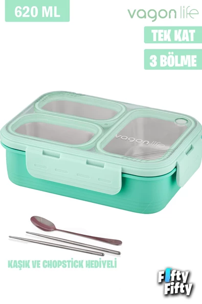Vagonlife Lunch Box 620 ML Tek Kat Üç Bölmeli Metal Kaşıklı Yeni Nesil Sefer Tası-FFLBOX7097 - 2