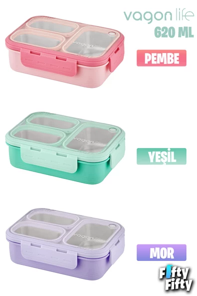 Vagonlife Lunch Box 620 ML Tek Kat Üç Bölmeli Metal Kaşıklı Yeni Nesil Sefer Tası-FFLBOX7097