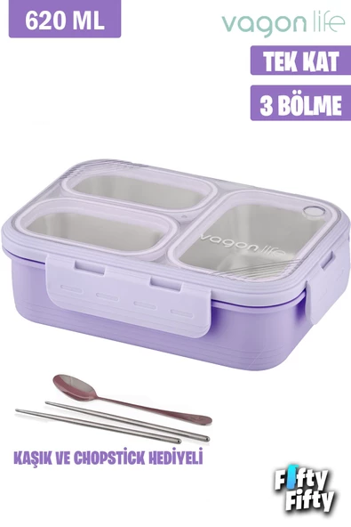Vagonlife Lunch Box 620 ML Tek Kat Üç Bölmeli Metal Kaşıklı Yeni Nesil Sefer Tası-FFLBOX7097 - 6