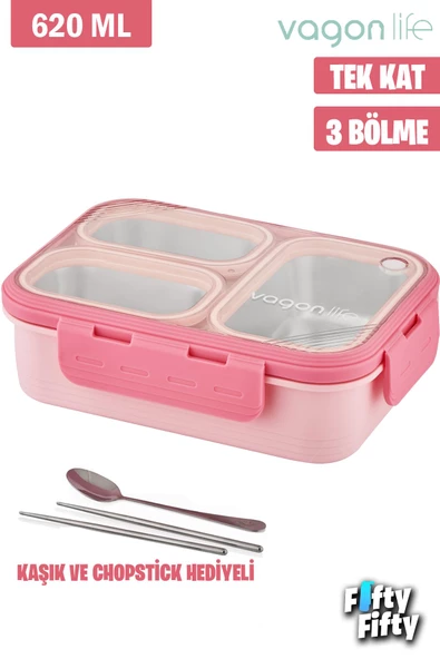 Vagonlife Lunch Box 620 ML Tek Kat Üç Bölmeli Metal Kaşıklı Yeni Nesil Sefer Tası-FFLBOX7097 - 10