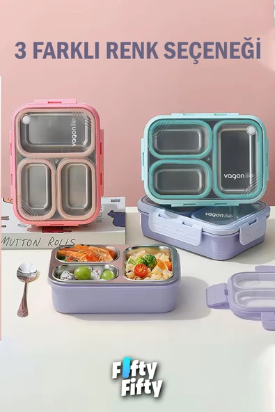 Vagonlife Lunch Box 620 ML Tek Kat Üç Bölmeli Metal Kaşıklı Yeni Nesil Sefer Tası-FFLBOX7097 - 11