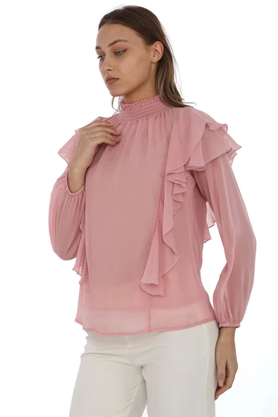 Omuz Fırfırlı Yaka Gipeli Şifon Bluz 6001-Pudra - 3