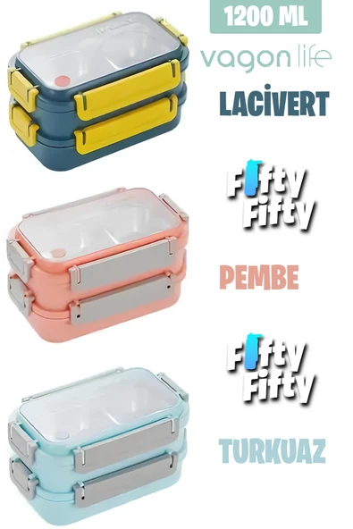 Vagonlife Lunch Box 1200 ML İki Kat Üç Bölme Paslanmaz Çelik-Metal Kaşıklı-FFLBOX2215