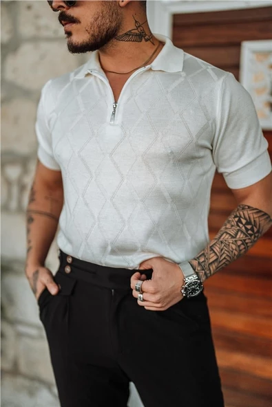 Erkek Fermuarlı Polo Yaka Triko T-Shirt - 2