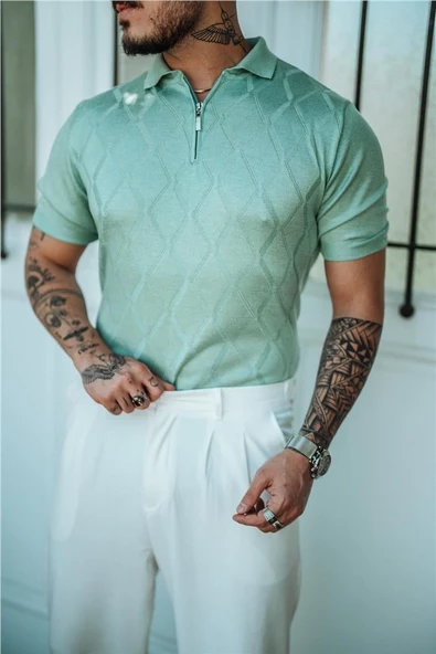 Erkek Fermuarlı Polo Yaka Triko T-Shirt - 6