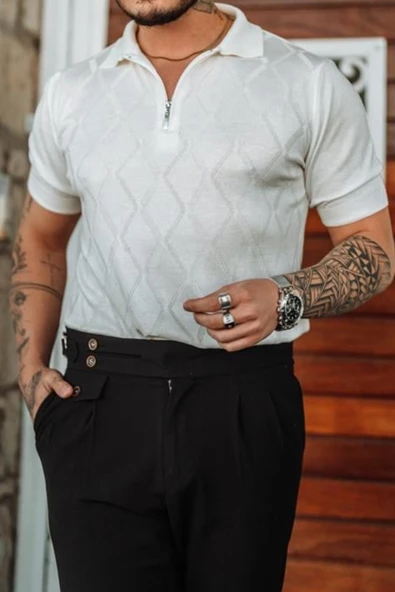 Erkek Fermuarlı Polo Yaka Triko T-Shirt