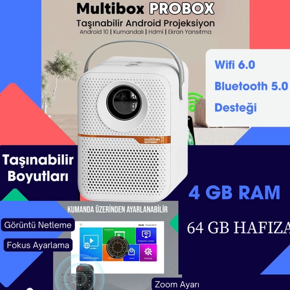MULTİBOX T6 Promax Android 4 GB Ram 64 GB Hafıza Projektör Wifi Bluetooth 240 Inç Ekran Yansıtma - 4