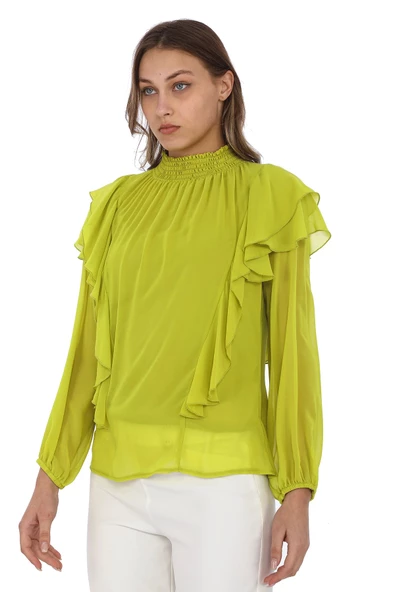 Omuz Fırfırlı Yaka Gipeli Şifon Bluz 6001-Olive - 3