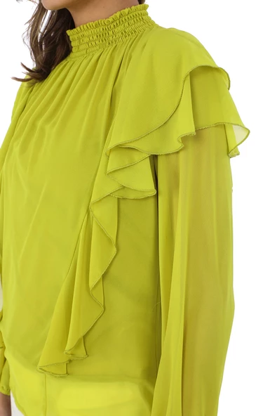 Omuz Fırfırlı Yaka Gipeli Şifon Bluz 6001-Olive - 4