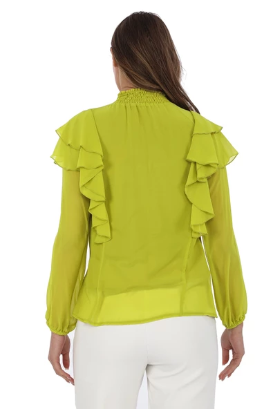 Omuz Fırfırlı Yaka Gipeli Şifon Bluz 6001-Olive - 6
