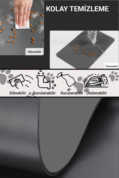 MAtGo Pati Evcil Hayvan Beslenme Matı Kaymaz Su Geçirmez Siyah Suni Deri Kedi Köpek Mama Paspası 50x70cm - 5