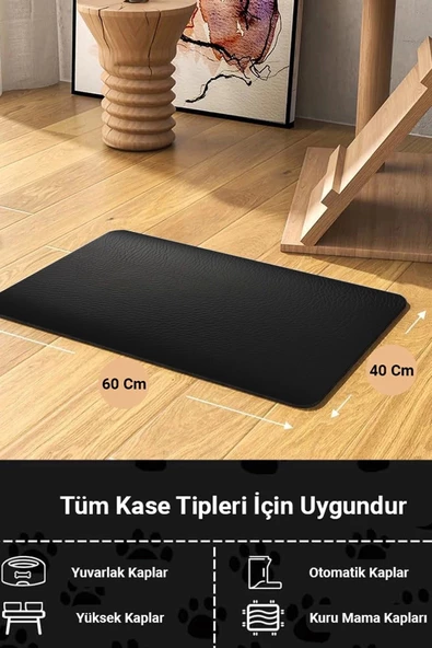 MAtGo Pati Evcil Hayvan Beslenme Matı Kaymaz Su Geçirmez Siyah Suni Deri Kedi Köpek Mama Paspası 50x70cm - 2