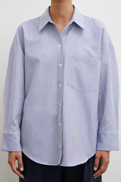 Çizgili Pamuklu Gömlek Lacivert - Resim 2