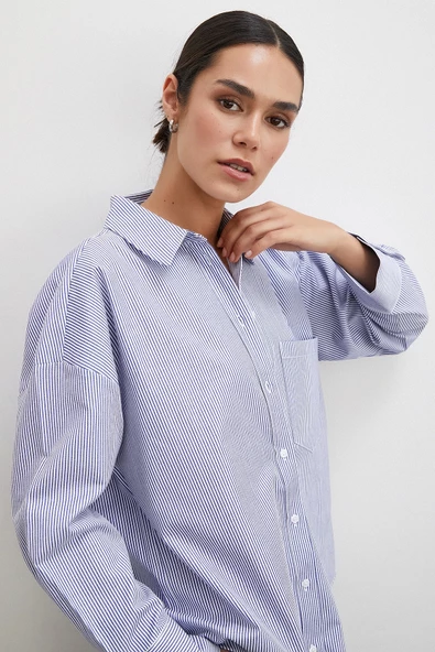 Çizgili Pamuklu Gömlek Lacivert - Resim 5