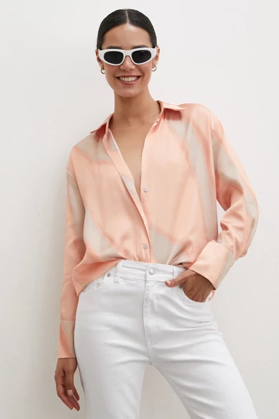 Desenli V Yaka Saten Gömlek Somon - Resim 4