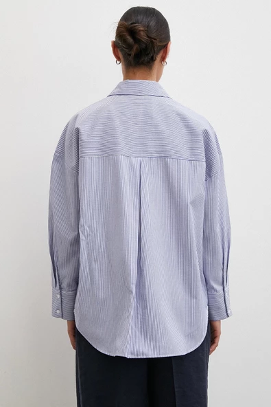 Çizgili Pamuklu Gömlek Lacivert - Resim 3