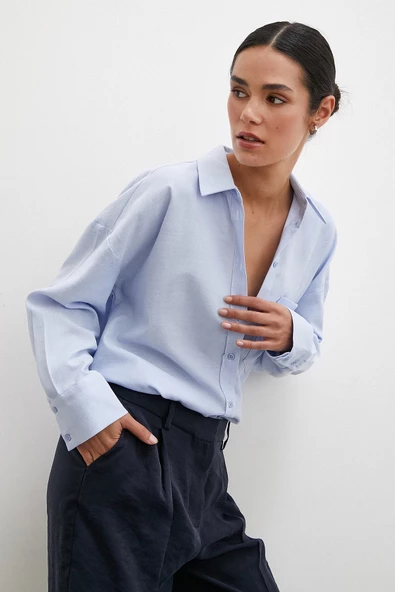 Robalı Klasik Gömlek Buz Mavisi - Resim 5