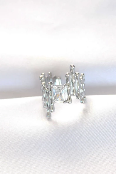 MuI MuI Silver Renk Tırtıklı Kalın Baget Taş Tasarım Ayarlanabilir Yüzük