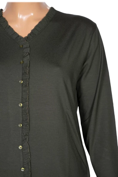 Cimariva Kadın Ülkü Büyük Beden Fırfırlı V Yaka Haki Bluz - 2