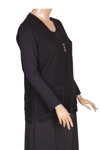 Alkım Kadın Aktan Triko Cepli 3 Düğme Ajurlu Siyah Yelek - 3