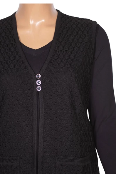 Alkım Kadın Aktan Triko Cepli 3 Düğme Ajurlu Siyah Yelek - 2