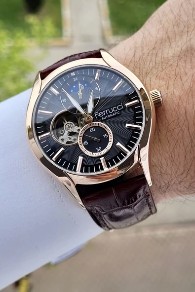 Ferrucci FCISTE281 Kasası Rose Kordonu Kahverengi Renk Hediye Paketli Otomatik Erkek Kol Saati ürün görseli 1