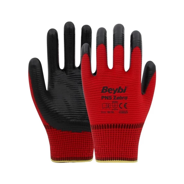 Beybi Nitril PMK PN5 Zebra Kırmzı Siyah 9 Beden 12li Paket ürün görseli 1