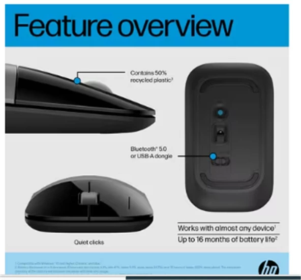 HP Z3700 758A9AA Bluetooth 2.4GHz 1600DPI Silver Wireless Optik Mouse - Resim 2