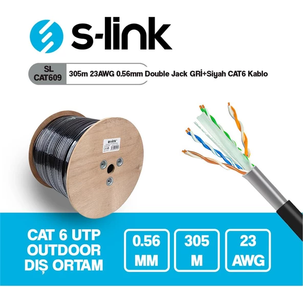 S-link SL-CAT609 305m 23AWG 0.56mm CCA Double Jack GRİ+Siyah ürün görseli 1