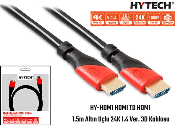 Hytech HY-HDM1 HDMI TO HDMI 1.5m Altın Uçlu 24K 1.4 Ver. 3D Kablosu ürün görseli 1