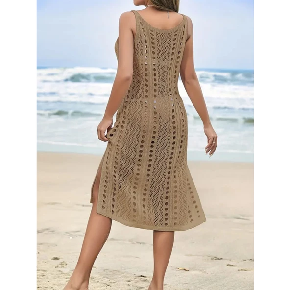 Lucky Life Kadın Kolsuz Askılı Yan Yırtmaç Detay Triko Midi Boy Elbise ürün görseli 1