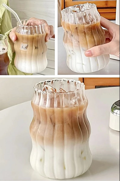 12'li Sukabağı Latte Pipetli Cam Bardak İskandinav Burgu Kahve Kokteyl 3 Katlı Sunum Bardağı 400ml - 3