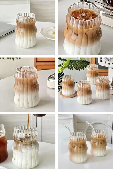 12'li Sukabağı Latte Pipetli Cam Bardak İskandinav Burgu Kahve Kokteyl 3 Katlı Sunum Bardağı 400ml - 2