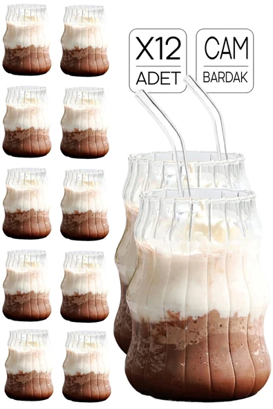 12'li Sukabağı Latte Pipetli Cam Bardak İskandinav Burgu Kahve Kokteyl 3 Katlı Sunum Bardağı 400ml