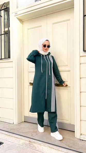 Fermuarlı Kapşonlu Uzun Tunik Pantolon İkili Tesettür Eşofman Takımı - 03077.021 - Nefti - 10