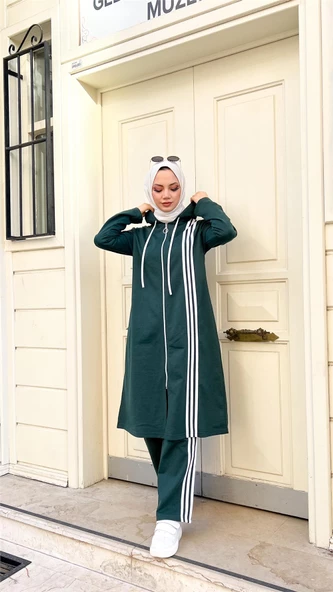 Fermuarlı Kapşonlu Uzun Tunik Pantolon İkili Tesettür Eşofman Takımı - 03077.021 - Nefti - 8