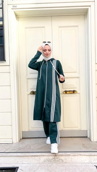 Fermuarlı Kapşonlu Uzun Tunik Pantolon İkili Tesettür Eşofman Takımı - 03077.021 - Nefti - 2