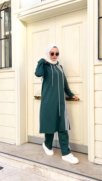 Fermuarlı Kapşonlu Uzun Tunik Pantolon İkili Tesettür Eşofman Takımı - 03077.021 - Nefti - 11