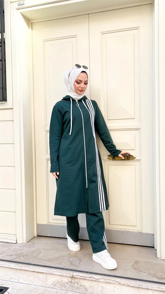 Fermuarlı Kapşonlu Uzun Tunik Pantolon İkili Tesettür Eşofman Takımı - 03077.021 - Nefti - 4