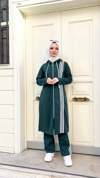 Fermuarlı Kapşonlu Uzun Tunik Pantolon İkili Tesettür Eşofman Takımı - 03077.021 - Nefti