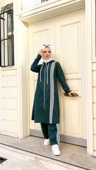 Fermuarlı Kapşonlu Uzun Tunik Pantolon İkili Tesettür Eşofman Takımı - 03077.021 - Nefti - 7