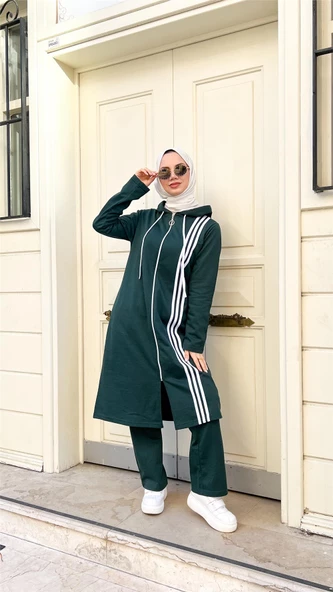 Fermuarlı Kapşonlu Uzun Tunik Pantolon İkili Tesettür Eşofman Takımı - 03077.021 - Nefti - 12