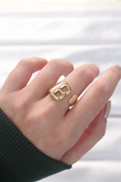 MuI MuI B Harfli Altın Renk Ayarlanabilir Yüzük