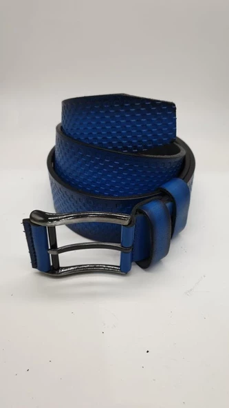 Kare Desenli Deri Toka Detaylı Spor Kot Kemeri-Mavi - 3