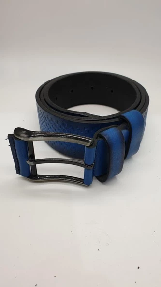 Kare Desenli Deri Toka Detaylı Spor Kot Kemeri-Mavi - 5